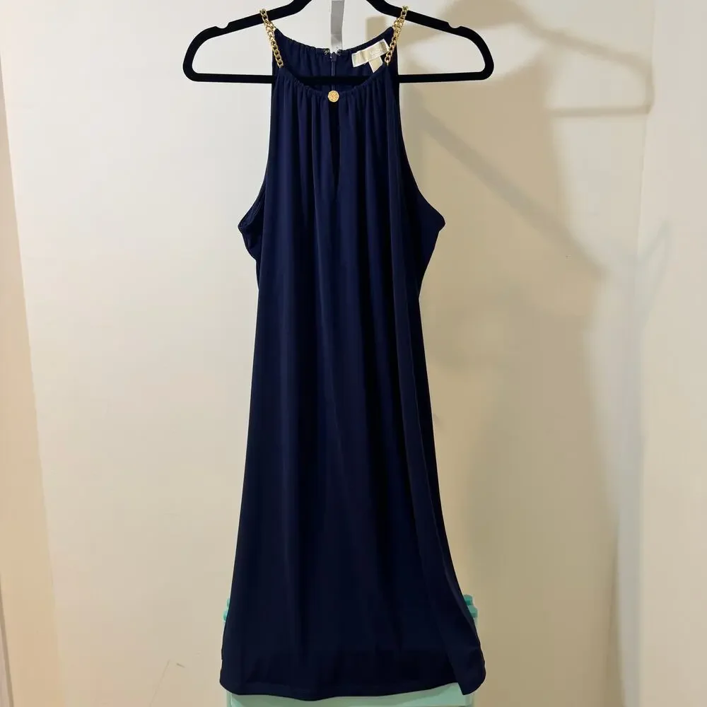 Michael Kors Navy Blue Chain Strap Halter Dress Sleeveless Midi Shift Dress - Picture 2 of 9